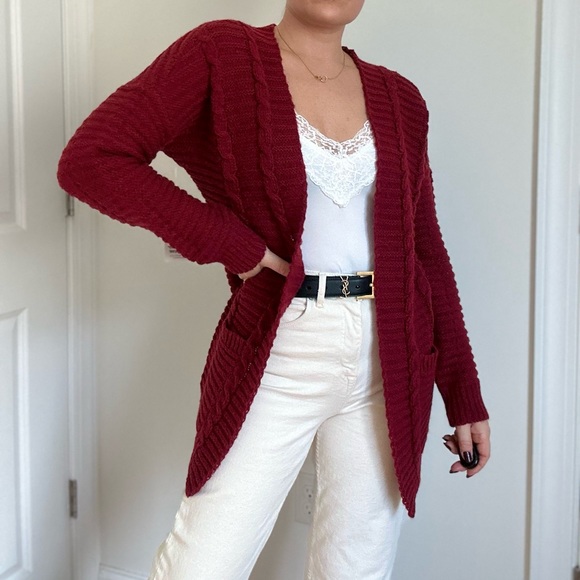 Cable Knit Pattern Open Front Cardigan With Pocket - Picture 3 of 10